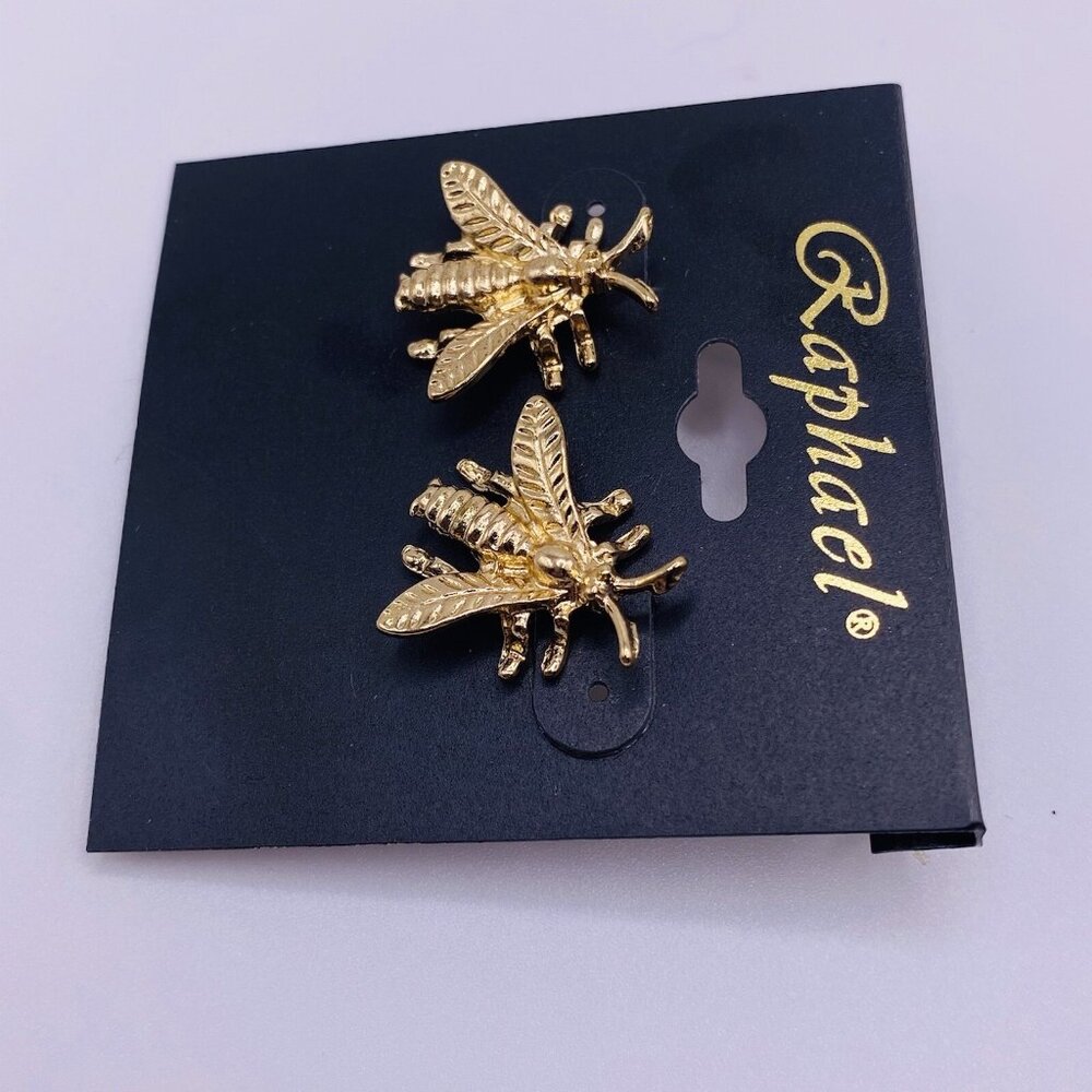 Raphael Gold Tone Bee Earrings Insect Studs Nature Bug Costume Jewelry Gift NWT - Picture 2 of 4